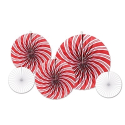 The Peppermint Accordion Paper Fans are an assortment of peppermint and white fans. 2 measure 9 inches, 2 measure 12 inches, and 1 measures 16 inches. Contains 5 per package.