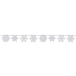 Add sparkle and fun to your winter themed decorations.  This Seven foot long streamer includes eight 8 1/2 inch wide glitter snowflakes and 12 feet of ribbon.  Easy to hang and reusable with care.  Snowflakes can also be hung individually or in groups.