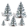 The 3-D Winter Pine Tree Centerpieces are made of cardstock and sizes range in measurement from 4 inches to 12 1/2 inches tall. Contains six (6) per package. Simple assembly required.