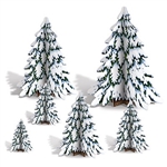 The 3-D Winter Pine Tree Centerpieces are made of cardstock and sizes range in measurement from 4 inches to 12 1/2 inches tall. Contains six (6) per package. Simple assembly required.