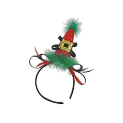 The Holiday Hat Headband is a mini red cone hat attached off center to a standard headband covered in black satin. It's has a black bow and a gold buckle with red and green marabou feathers along the base. One size fits most. 1 per pack. No returns.