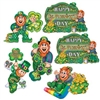 The St Patrick's Day Cutouts are made of cardstock and printed on two sides. Feature leprechauns painting a shamrock, sliding down a rainbow, listening to music, floating in the clouds, Happy St. Patrick's Day sign. Sized from 12 to 14 inches. 6 per pack
