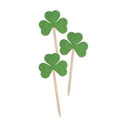 Spread a little luck of the Irish at your St. Patrick's Day, Fantasy, or Around the World themed party.  These Green glittered Shamrock Picks come 24 per pack. Shamrocks are printed one side on high quality card stock with attached toothpick.