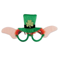 The Leprechaun Glasses are black plastic frames covered in glittery green fabric with orange eye brows. Decorated with a green top hat with a glittery shamrock in the center and ears on either side. Approx 12 in wide 5 in high. One per package. No return