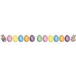 The Easter Streamer is made of cardstock and printed on two sides. Features brightly colored egg cutouts with "Hoppy Easter" printed in white lettering. Measures 6 1/4 inches tall and 8 feet long. One per pack. Assembly required.