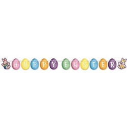 The Easter Streamer is made of cardstock and printed on two sides. Features brightly colored egg cutouts with "Hoppy Easter" printed in white lettering. Measures 6 1/4 inches tall and 8 feet long. One per pack. Assembly required.