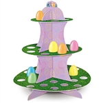 This 13.5 inch tall Easter Egg Stand is a colorful way to display Easter eggs or egg shaped candy. Three shelves contain multiple circular cutouts measuring 1.25 inches in diameter. Center support is lavender with printed multi color eggs. Simple assembly