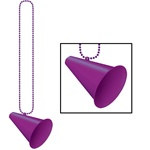 The Purple Beads with Megaphone Medallion (1/pkg) measure 33 inches long with a plastic purple megaphone attached to the end. One per package. No returns.