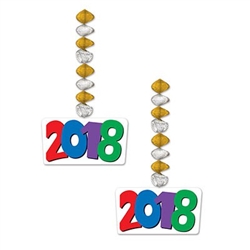 The 2018 Danglers feature brightly printed card stock icons displaying the year 2018, attached to gold and silver foil metallic coils. Icons are printed on both sides. Danglers measure 30 inches total length. Two danglers per package.