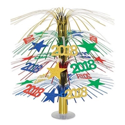 This 2018 Cascade Centerpiece has a gold foil center with blue, red, and green metallic fronds spraying from the center with "2018" and star icons attached in assorted color foils. Measures 18 inches tall after simple assembly. One per package.