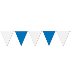 The Blue & White Pennant Banner measures 30 feet long and has alternating blue and white pennant flags. Each banner consists of 15 pennants that measure 18 inches in length. Perfect for Oktoberfest or any indoor or outdoor event!