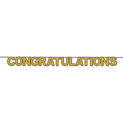Say Congratulations in a BIG WAY with this huge 11.5' long, 8.5" tall Congratulations Streamer!  Simple assembly and easy hanging will make this gold glittered streamer a central part of your party decorations!