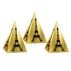 These metallic gold foil card stock favor boxes feature the Eiffel Tower printed in black.  After some simple assembly,  favor box measures 4-1/4 inches high and the base is 2-7/8 inches wide. Each package includes 3 favor boxes.