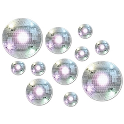 A shiny Disco Ball Cutout printed on double sided card stock material, great for hanging on walls and doors at a retro or disco party. You get 20 different sized ball cutouts in each package.