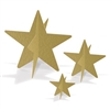 3-D Foil Star Centerpieces will give your tables a dazzling glamorous look. Metallic Gold card stock stars measure three inches, five and a half inches, and eight inches. You'll get one centerpiece of each size in your package! Simple assembly required.