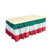 The Red, White, & Green Table Skirting is made of a durable moisture and fade resident plastic material. It measures 29 inches by 14 feet. Comes one (1) per package.