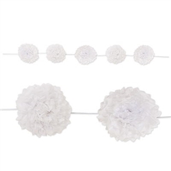 Add some sophistication to your upcoming party with this White Tissue Flower Garland. The tissue garland measures eight feet in length and features multiple tissue flowers attached to the white satin ribbon. Simple assembly required.