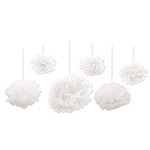 These White Tissue Fluff Balls make a lovely accent to your wedding or anniversary decorations. Each package contains six fluff balls in varying sizes, along with white satin ribbon for hanging. Simple assembly required.