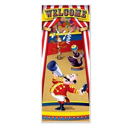 Let your guests know that there's a circus theme party behind the door with this colorful Circus Tent Door Cover. It measures six feet tall by 30 inches wide and features some fun, traditional circus characters. Made of all-weather material. One per pack.