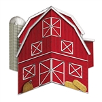A colorful red 3-D Barn Centerpiece featuring a silo and hay bales printed on double sided card stock material. Assembles to have four sides and look 3-D!