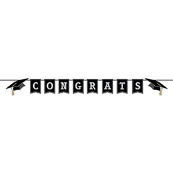 Our Congrats Grad Pennant Banner measures six feet in length and spells out Congrats! Comes one per package. Perfect banner for any graduation party. Printed on card stock and includes a 12 foot string for hanging. Requires some simple assembly.