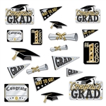 Decorate the graduation party with our fun and colorful Graduation Cutouts. This package of 20 cutouts feature a color scheme of black, gold and silver, and range in measurement from six to 13 inches. Each card stock cut out is printed on both sides.