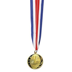 The 1st Place Medal w/Ribbon is your standard award ribbon and medal. Each 2 inch replica gold medal is engraved with 1st and is attached to a 32 inch red, white, and blue neck ribbon. Ribbon forms a 16 inch loop for placing around a neck.