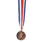 The 3rd Place Medal w/Ribbon is your standard award ribbon and medal. Each 2 inch replica bronze medal is engraved with 3rd and is attached to a 32 inch red, white, and blue neck ribbon. Ribbon forms a 16 inch loop for placing around a neck.