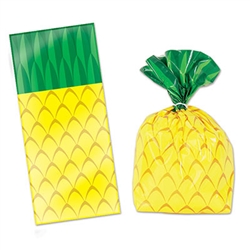 These Pineapple Cello Bags are great to hand out treats to your luau guests. Each bag measures 4 inches by 9 inches by 2 inches and is printed to resemble a pineapple. Comes 25 cellophane bags per package with 25 twist ties included.