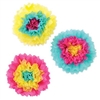 Create a vibrant display with the Assorted Bright Pink Tissue Flowers. Each flower has yellow, turquoise and cerise pink, with each flower having a different arrangement of colors. Each tissue flower measures 10 inches and contains 3 per package.