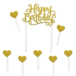 The Glittered Happy Birthday Cake Topper is a perfect substitution in place of candles on your birthday cake. Happy Birthday is spelled out in gold glittered letters between two 6-inch long picks. Includes 6 gold glittered heart picks as well.