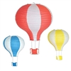 The Hot Air Balloon Paper Lanterns are shaped paper lanterns in bright color combinations of red & white, yellow & white, and blue & white. One large 22 inch lantern and two 16 inch lanterns per pkg. Simple assembly required.