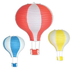 The Hot Air Balloon Paper Lanterns are shaped paper lanterns in bright color combinations of red & white, yellow & white, and blue & white. One large 22 inch lantern and two 16 inch lanterns per pkg. Simple assembly required.
