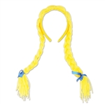 These yellow Pigtail Braids are attached to a yellow fabric covered headband. Perfect for costumes, school plays, and Oktoberfest celebrations, use these to create your own unique character. Accented with blue satin ribbon ties. One per package.