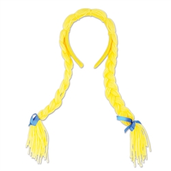 These yellow Pigtail Braids are attached to a yellow fabric covered headband. Perfect for costumes, school plays, and Oktoberfest celebrations, use these to create your own unique character. Accented with blue satin ribbon ties. One per package.