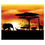 The Safari Insta-Mural are black silhouettes of various safari animals and tress against a vibrant sunset that's a mix of yellow and orange. Printed on thin plastic and measures 5 feet by 6 feet. Contains one per package. Complete wall decoration.