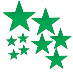 The Green Pkgd Foil Star Cutouts are made of foil covered cardstock. Sizes range in measurement from 5 inches to 15 inches. Each package contains (9) star cutouts. 4 measure 5 inches, 3 measure 9 inches, 1 measures 12 inches, 1 measures 15 inches.