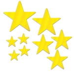 There's no better way to decorate for an awards night or Hollywood theme party than with our Foil Star Cutouts.  This package includes nine card stock gold foil stars ranging in size from 5 inches to 15 inches.