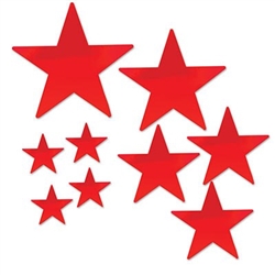 The Red Pkgd Foil Star Cutouts are made of foil covered cardstock. Sizes range in measurement from 5 inches to 15 inches. 4 measure 5 inches, 3 measure 9 inches, 1 measures 12 inches, 1 measures 15 inches. Contains 9 cutouts per package.