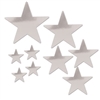 The Silver Pkgd Foil Star Cutouts are made of foil covered cardstock. Sizes range in measurement from 5 to 15 inches. 4 measure 5 inches, 3 measure 9 inches, 1 measures 12 inches, and 1 measures 15 inches. Contains a total of 9 cutouts per package.