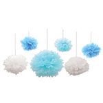 This assortment of both blue and white Tissue Fluff Balls are a unique hanging decoration that would be a great addition to almost any themed party. Three of the fluff balls measure nine inches, two measure 12 inches and one measures 16 inches.