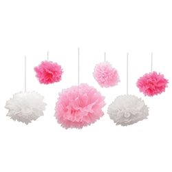 These lovely pink and white assorted tissue fluff balls are the perfect hanging decoration for your wedding or baby shower. Each tissue fluff ball comes with it's own satin ribbon for hanging, and just needs a little simple assembly.