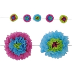 Add a summer vibe to your next party with the Tissue Flower Garland - Lime Green Assortment. Each tissue flower is a mix of  blue, lime green, and purple. Measures 8 feet long and contains five tissue flowers measuring 10 inches. Simple assembly required.