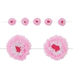 The Pink Tissue Flower Garland will add a touch of springtime to any party. Each flower has layers of pink, white, and red tissue. Flowers measures 10 inches and comes five flowers per garland. Measures 8 feet in length. Simple assembly required
