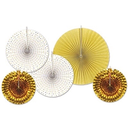 Our Assorted Paper & Foil Decorative Fans - Gold add a glamorous touch to a wedding reception or awards night party! Assorted size fans 9 to 16 inches.  A combination of five tissue and gold foil fans per package.