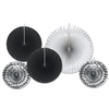 Add a black and silver ceiling display to your party with these Black and Silver Assorted Paper & Foil Decorative Fans. The silver fans have an eye-catching shine to them and the black creates an elegant setting, Comes five fans per package.