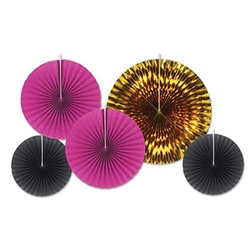 Black, cerise and gold create a rich color combination. These Assorted Paper & Foil Decorative Fans - Black, Cerise & Gold will add elegance to any party. The fans range in size from 9 to 16 inches and  come 5 per package.