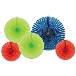 Give your party a burst of blue, lime green, and red, when you hang these Assorted Paper & Foil Decorative Fans. These fans include one large shiny blue foil fan and two lime green paper fans and two red paper fans as well. Five fans per package!