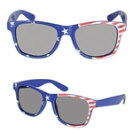 The Patriotic Glasses are a decorative accessory to any patriotic wardrobe. Printed plastic glasses feature a red, white and blue color scheme along with the stars and stripes. One per package. One size fits most adults. Offers no sun protection.