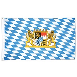 Hang the Bavarian Flag at your next Oktoberfest party! This 3 foot by 5 foot polyester fabric flag displays the traditional blue and white diamond pattern along with the coat of arms. Two grommets for easy hanging. One flag per package.